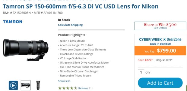 Super Hot ! Tamron SP 150-600mm f/5-6.3 Di VC USD Lens for $799 at B&H Photo Video ! (8 Hours Left)